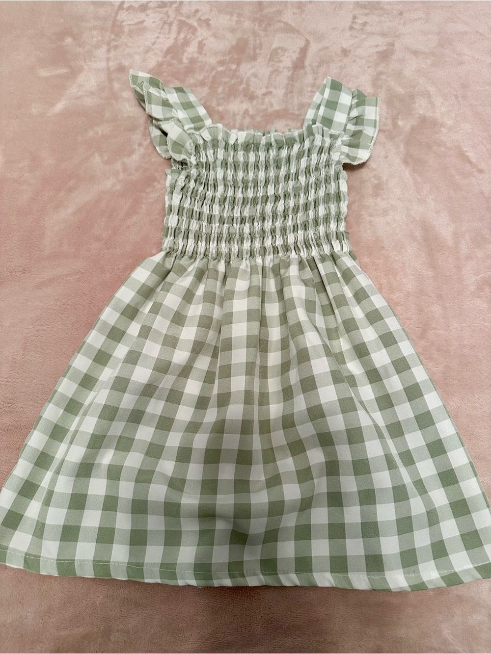 Girls Olive Green Gingham Ruffle-Strap Smocked Sundress